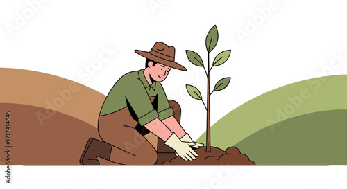 A Farmer Planting A Tree In A Field Demonstrating Conservation Efforts