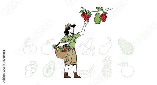 A Female Explorer Gathering Exotic Fruits, Carrying a Basket, and Reaching for Berries