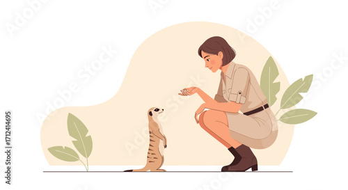 A Female Zookeeper Interacts With A Meerkat In A Wildlife Conservation Setting