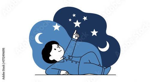 A Young Child Gaze At The Celestial Bodies, Searching Dream Within The Night Sky