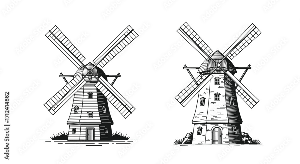 Fototapeta premium Two historical windmills are illustrated in detailed line drawings.