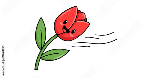 Delightful cartoon red tulip character with a joyful expression, experiencing a gentle gust of wind, embodying the concept of whimsical happiness in nature