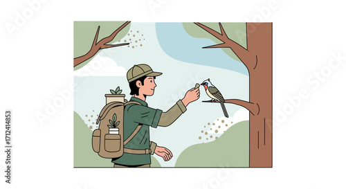 A Friendly Encounter: Nature Enthusiast Feeding A Wild Bird In A Tranquil Forest Setting