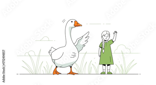A Friendly Goose And A Cheerful Girl Greeting Each Other In The Meadow