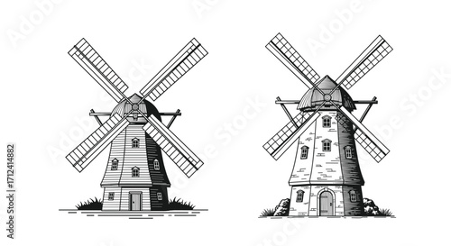 Two historical windmills are illustrated in detailed line drawings.