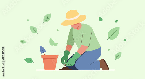A Gardener Planting Seeds in a Pot with Leaves Background Outdoors in a Sunny Day