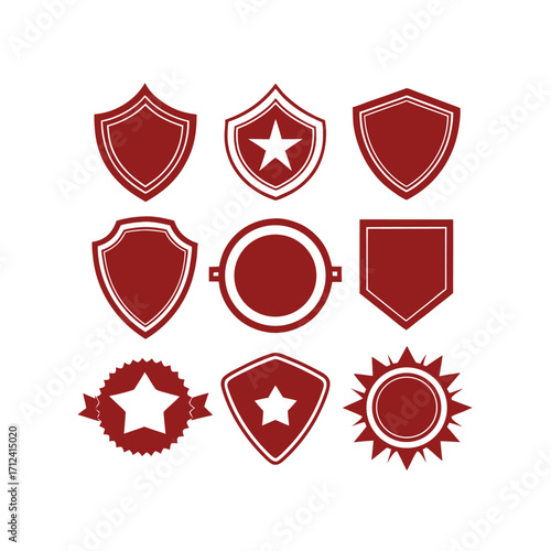  Red and brown shield vector collection, decorative heraldic crests, medieval army emblem labels, security protection symbol design set, empty template graphic illustration.