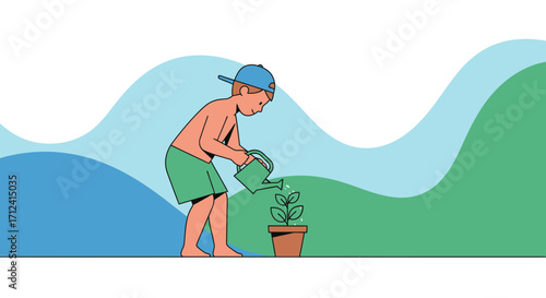 A Young Gardener Nurturing Flora Illustration Depicting Growth And Care, Artwork Style