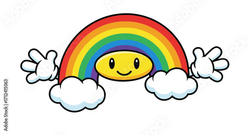 Cheerful Rainbow Cartoon Character with Clouds and Smiling Face