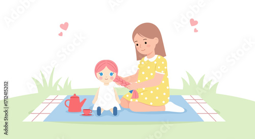 A Young Girl Composes A Doll's Hairstyle During A Pleasant Picnic In Beautiful Nature