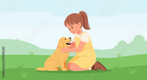 A Young Girl Happily Pets Her Golden Retriever Outdoors On A Sunny Day