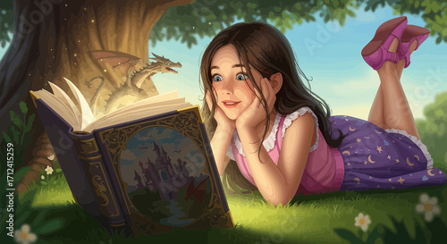 A Young Girl Immersed In a Magical Story Under a Shady Tree and Fantasy Creatures