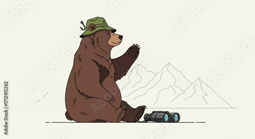 A Grizzly Wearing A Green Hat Observes Mountains With Binoculars Relaxing Outside