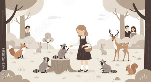 A Young Girl Interacting With Forest Animals, Enjoying The Wildlife Environment Together