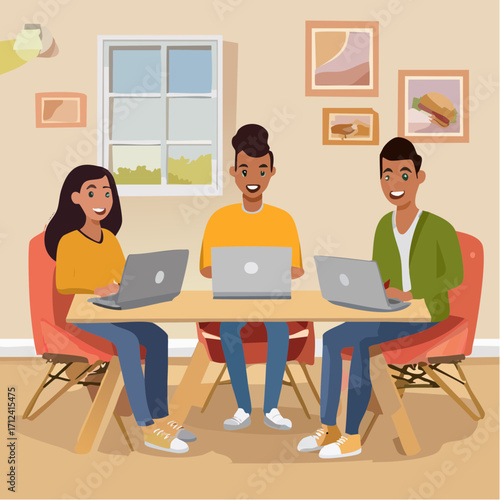 Vector image of Three cheerful friends are working on laptops, sitting in a bright student dormitory room with snacks