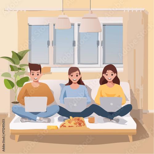 Vector image of Three cheerful friends are working on laptops, sitting in a bright student dormitory room with snacks