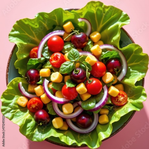 Wallpaper Mural Fresh colorful cherry tomato and basil salad served with leafy greens and sliced red onions in a black bowl on pink background Torontodigital.ca