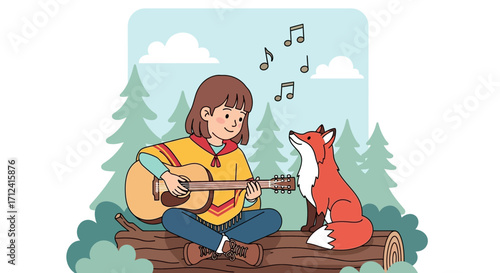 A Young Musician Plays Guitar, Entertaining A Curious Fox In A Forest Clearing