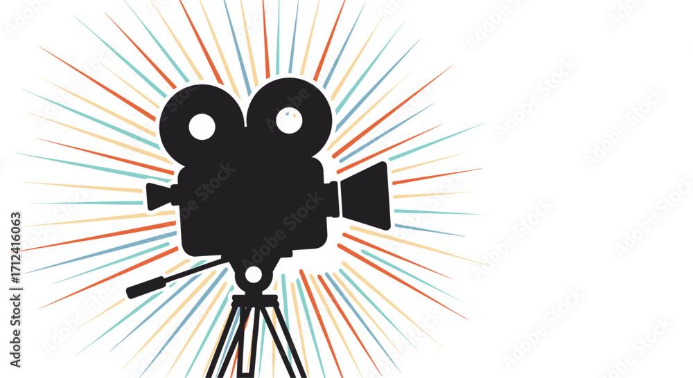 Obraz premium A vintage film camera on a tripod with radiating light lines.