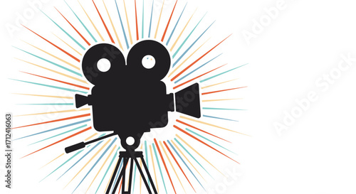 A vintage film camera on a tripod with radiating light lines.