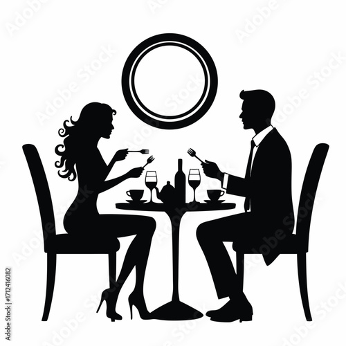Couple dining at table with wine and tea set restaurant