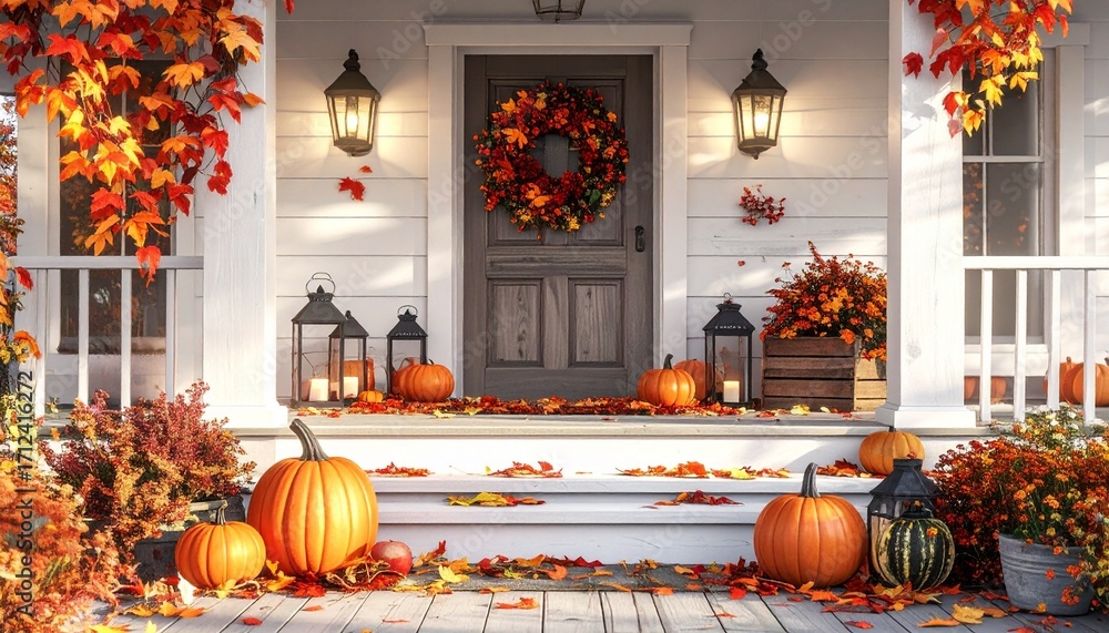 Obraz premium A front porch dressed for autumn—pumpkins, leaf-strewn steps, lanterns, and a wreath of fall foliage—evoke festive warmth, seasonal rhythm, and the crafted charm of Halloween hospitality.