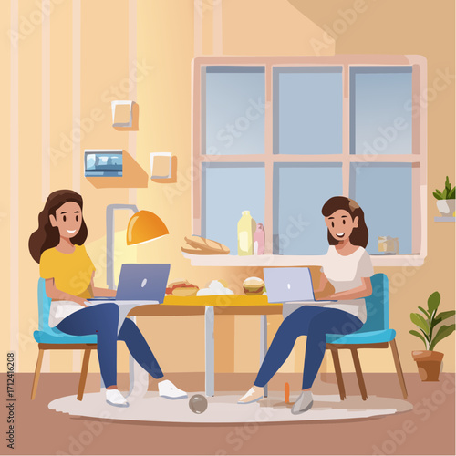 Vector image of Three cheerful friends are working on laptops, sitting in a bright student dormitory room with snacks