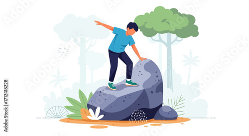 A Young Person Explores Nature, Balancing on a Rock, Demonstrating Outdoor Adventure