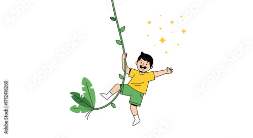 A Joyful Boy Climbs And Plays With A Vine Reaching For The Sparkling Stars