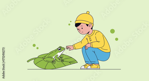 A Young Person Gently Interacting With A Green Frog, A Gentle Approach