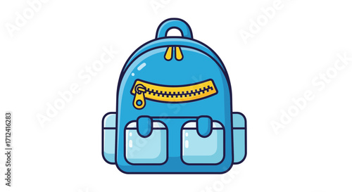 Vibrant blue cartoon backpack illustration with a prominent yellow zipper and useful front pockets, symbolizing readiness for school, daily adventures, or exciting travel journeys