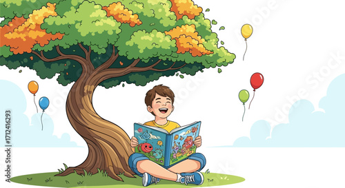 A Joyful Boy Reading Under The Tree While Colorful Balloons Ascend Beautifully Skyward