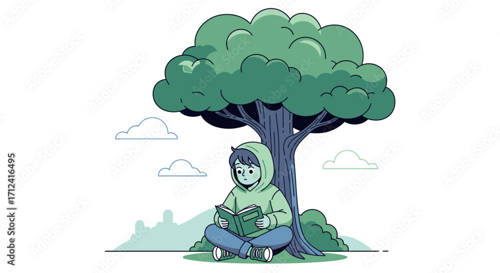 Obraz premium A Young Person Reading Under A Grand Tree, Absorbed In A Captivating Story