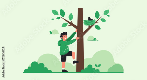 A Joyful Individual Climbing A Tree To Possibly Greet A Bird In A Nest Setting