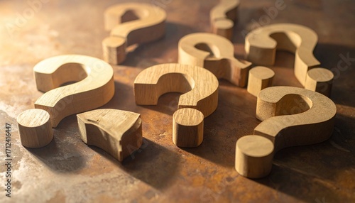 Scattered wooden question marks rest on a textured surface—one chipped, all casting shadows—evoking symbolic inquiry, crafted uncertainty, and the rhythm of curiosity in quiet disarray.