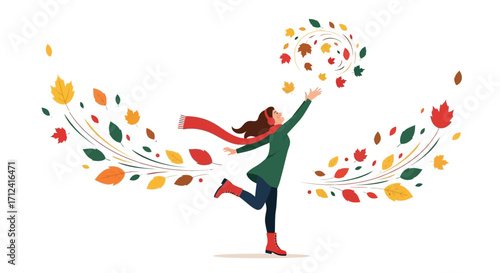 A Joyful Moment Celebrating The Autum Season Amidst Floating Leaves In The Wind