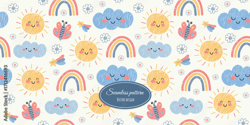 Fototapeta premium Children's, trendy, seamless pattern, hand-drawn with cute characters. Vector design for children's bedding, fabrics, wallpaper, wrapping paper, and more.