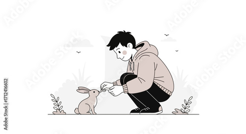 A Young Person Tends to the Bunny with Food in the Garden, Peaceful Illustration