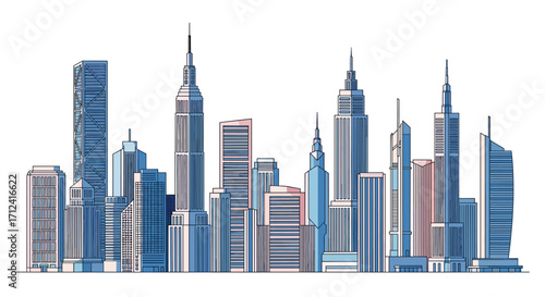 A vibrant cityscape showcasing diverse skyscrapers in an urban environment.