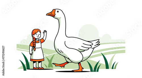 A Little Girl Gently Waving To A Massive Goose While Enjoying Countryside