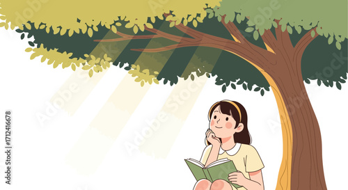 A Young Reader Finds Solace and Enjoys a Moment of Peace Under a Shaded Tree