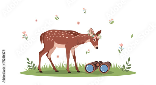A Lovely Deer With A Floral Crown Beside Binoculars Gazing At Something in Nature