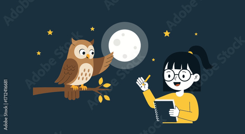 A Magical Friendship Between A Wise Owl And A Cheerful Girl, Under The Moonlight