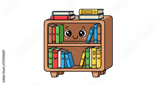 Charming cartoon wooden bookshelf illustration with a friendly, smiling face, packed with colorful books, symbolizing knowledge and the joy of reading for all ages