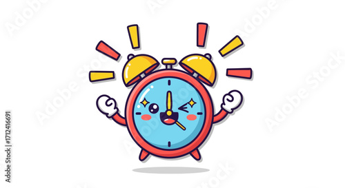 Cheerful cartoon alarm clock with excited expression, ringing loudly to wake up