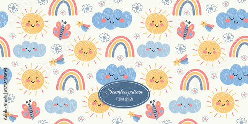 Children's, trendy, seamless pattern, hand-drawn with cute characters. Vector design for children's bedding, fabrics, wallpaper, wrapping paper, and more.