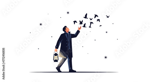 A Man And Birds Silhouette, With Light, Reaching For Freedom Or Inspiration