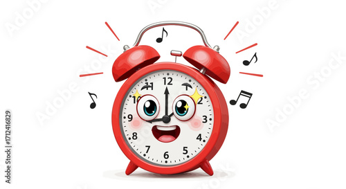 Red alarm clock with a happy cartoon face ringing with musical notes, representing waking up and the start of a new day