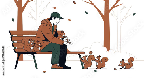 A Man Comforts Squirrels On Park Bench During Autumn Season, Feeding Them Nuts