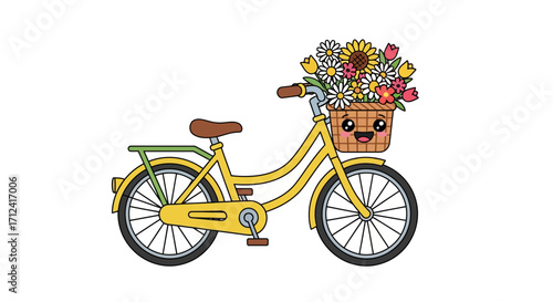 Cute yellow bicycle with a basket full of colorful flowers and a smiling face